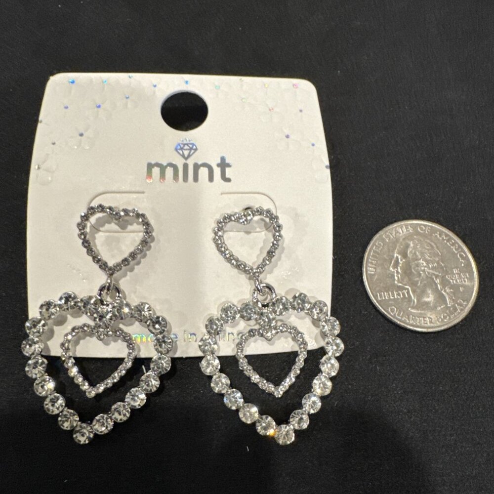Mint Silvertone Double Hearts Rhinestone Heart Dangle Earring NEW
